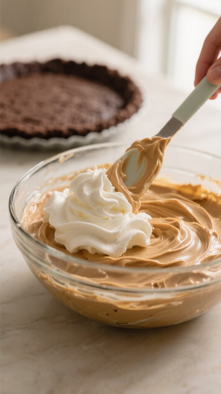 Close-up detail, cooking process: A creamy peanut butter–cream cheese mixture being folded with wh