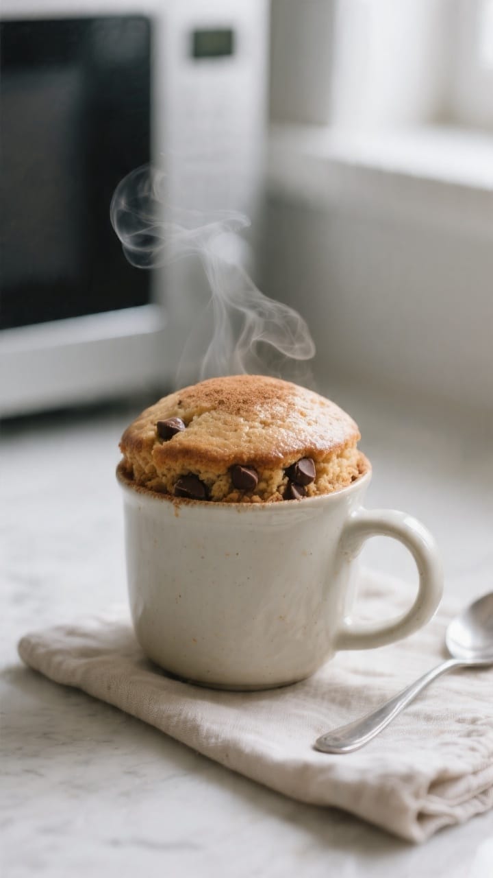 Close-up detail, cooking process: A microwave-safe ceramic mug filled with freshly cooked 3-ingredie