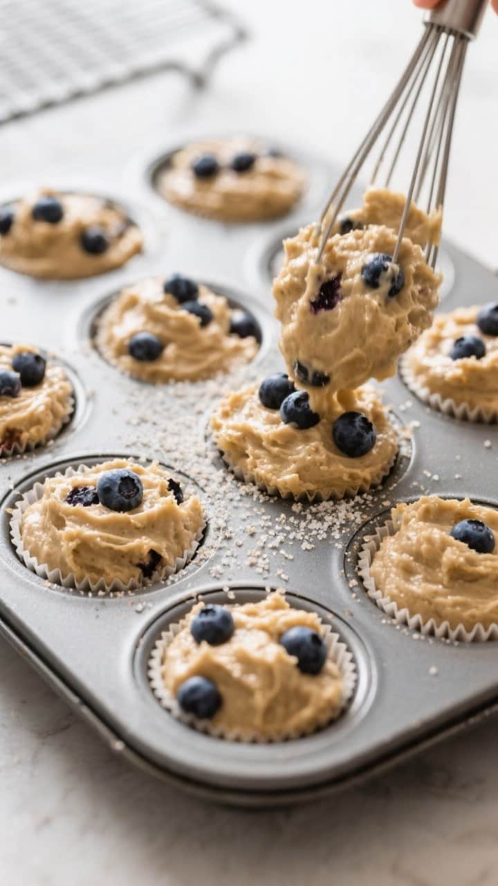 Close-up detail, cooking process: Almond flour keto blueberry muffin batter being portioned into a l