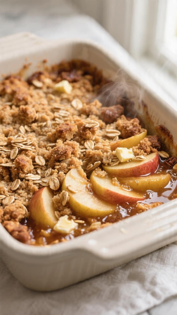 Close-up detail, cooking process: Golden apple crumble bubbling at the edges in a 9-inch square baki