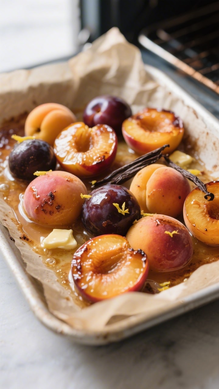 Close-up detail, cooking process: Jammy roasted stone fruits in a parchment-lined baking dish just o