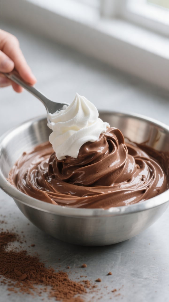 Close-up detail, cooking process: Silky keto chocolate mousse being folded together—glossy sugar-f