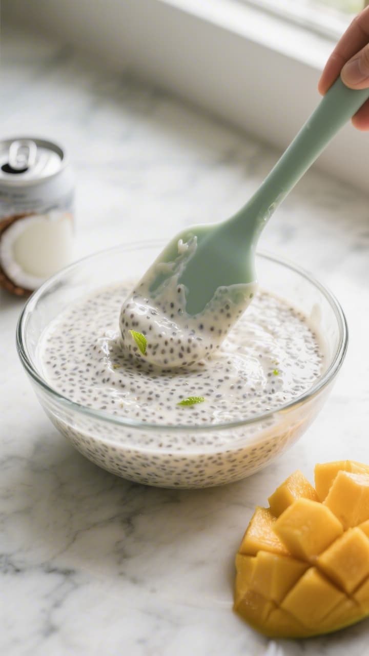 Close-up detail, cooking process: Thickened mango & coconut chia pudding just after chilling, being 