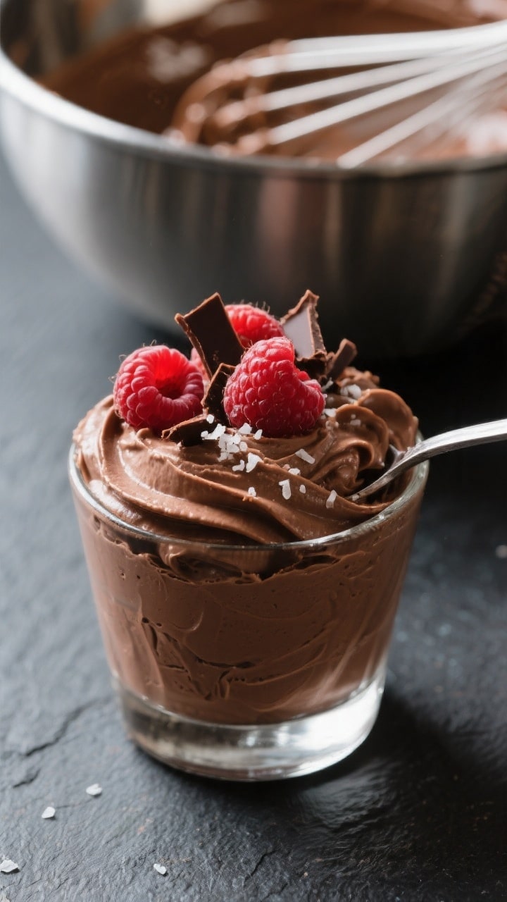 Close-up detail of 5-Minute Keto Chocolate Mousse spooned into a short glass, ultra-silky texture wi