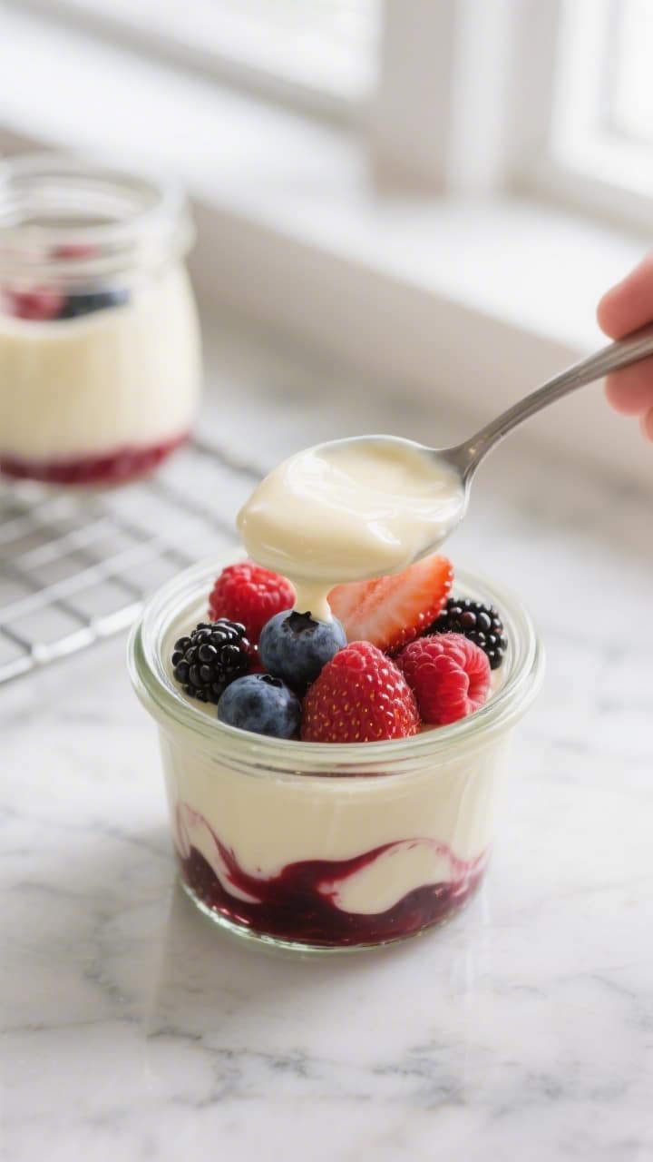 Close-up detail of a chilled summer berry pudding cup mid-assembly: glossy vanilla pudding layer spo
