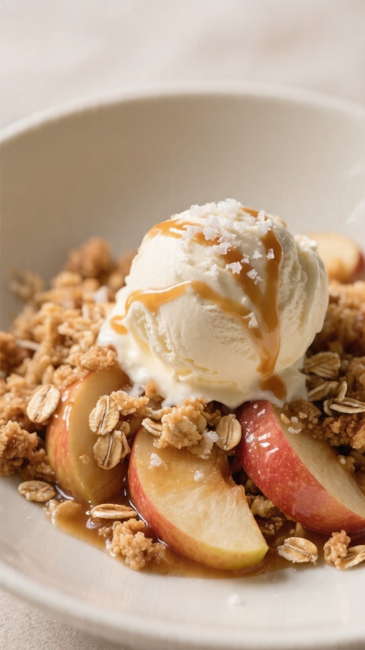 Close-up detail of a plated scoop of warm apple crumble with oats in a shallow off-white bowl, tende