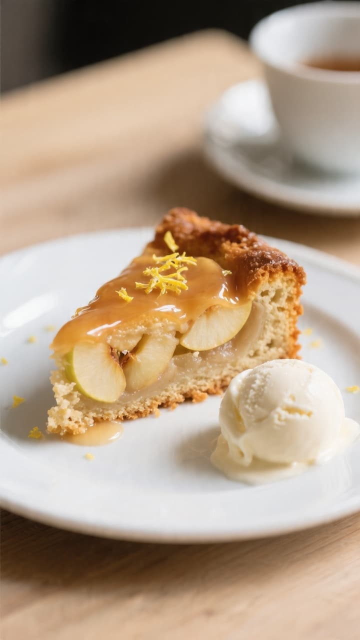 Close-up detail of a plated slice of the apple cake served warm with a small scoop of vanilla ice cr