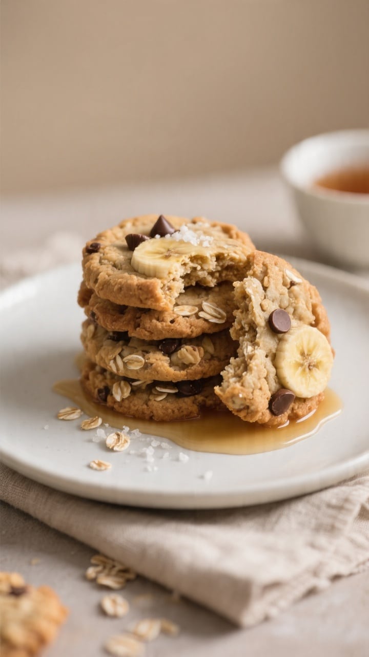 Close-up detail of a plated stack of oatmeal cookies on a matte white dessert plate, one cookie brok