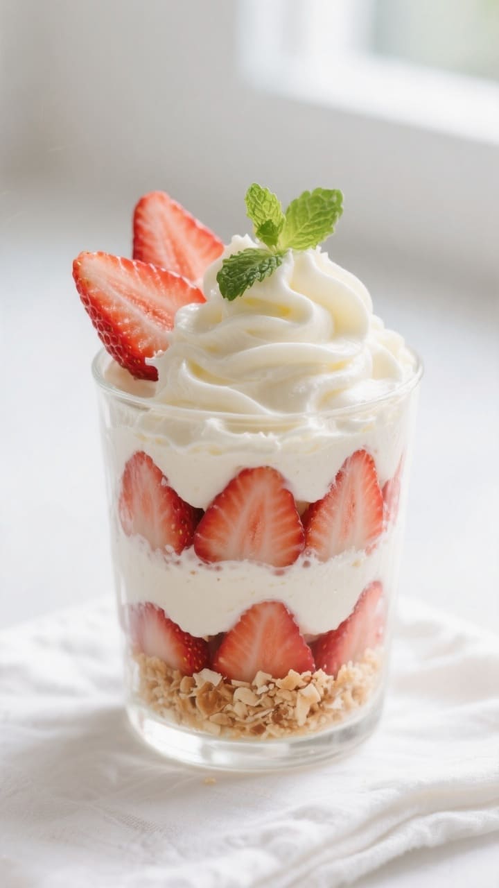 Close-up detail of a prepared keto strawberry and whipped cream layered dessert inside a clear tumbl