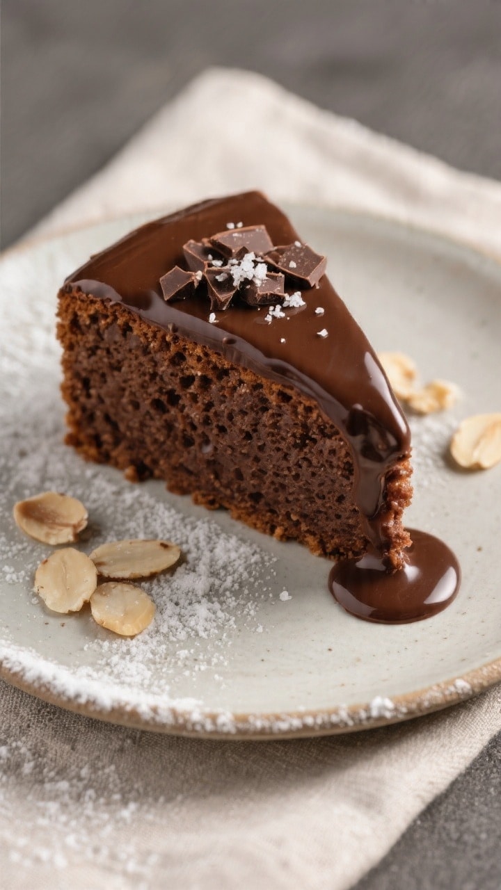 Close-up detail of a single glossy slice of the cake plated for serving: dense, velvety crumb with t