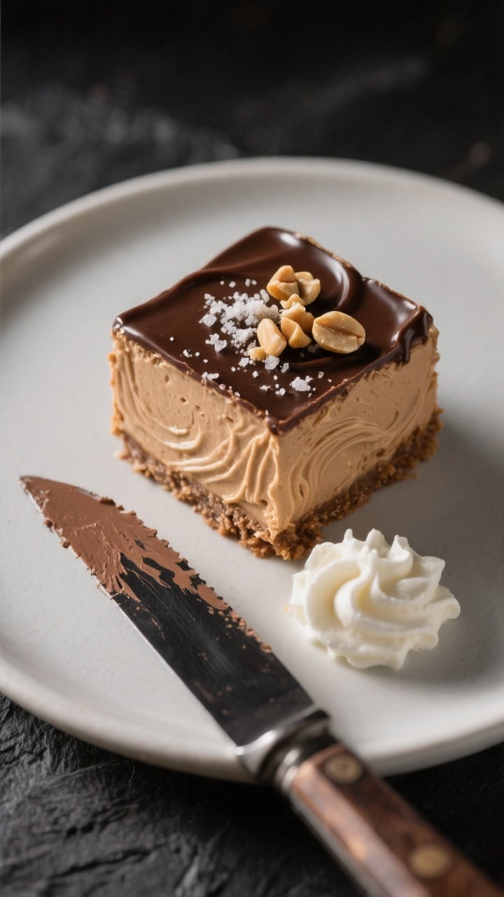 Close-up detail of a single plated square of the chilled keto peanut butter dessert, showing ultra-s