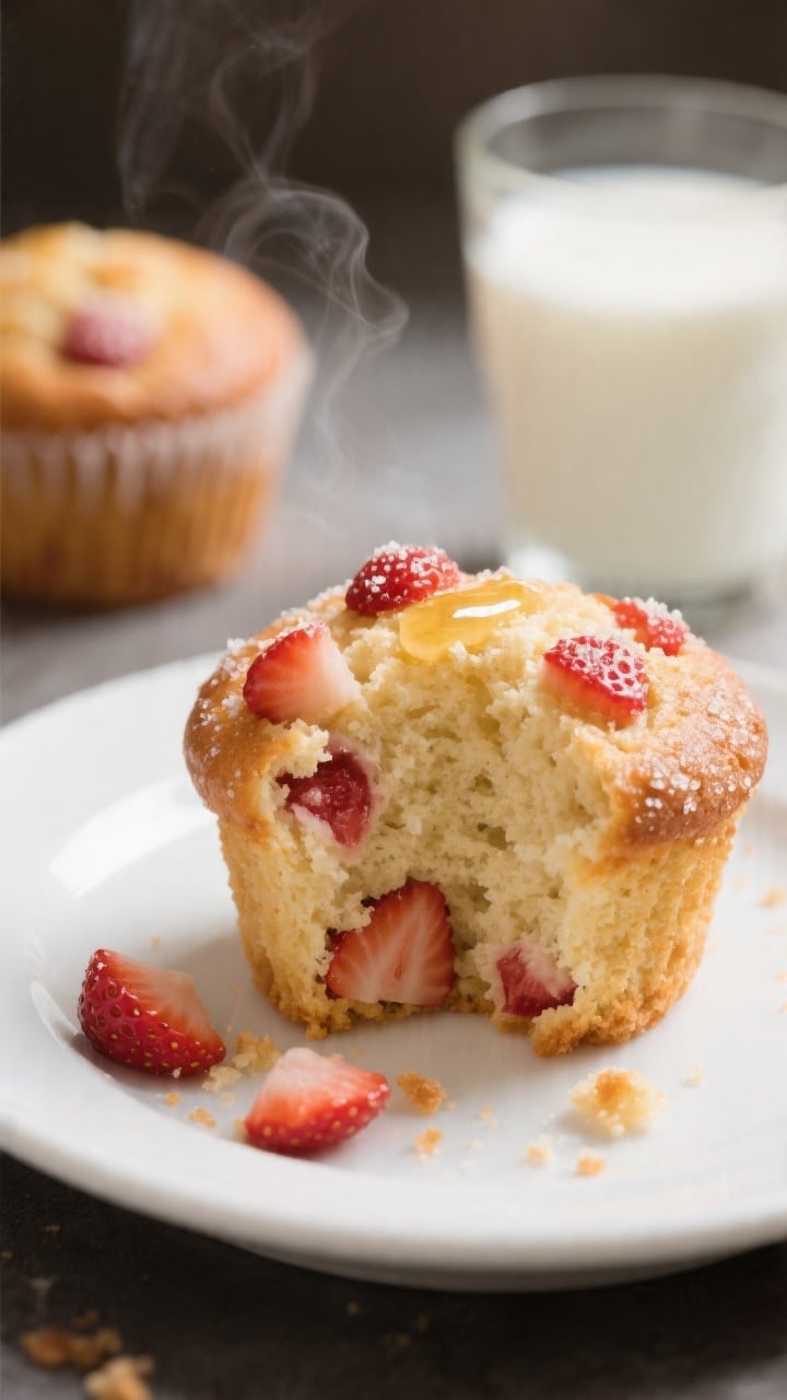 Close-up detail of a single strawberry muffin split open on a small white plate, warm and slightly s