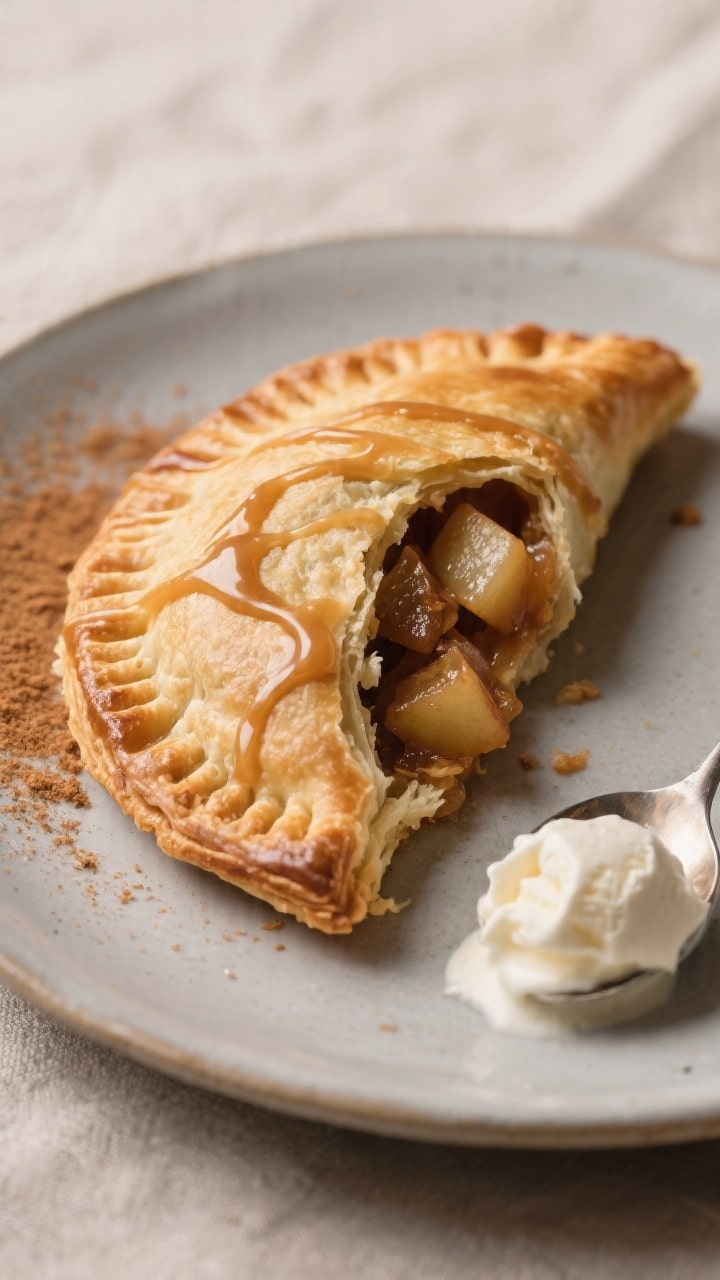 Close-up detail of a single warm apple turnover on a matte ceramic plate, cut open to reveal gooey c