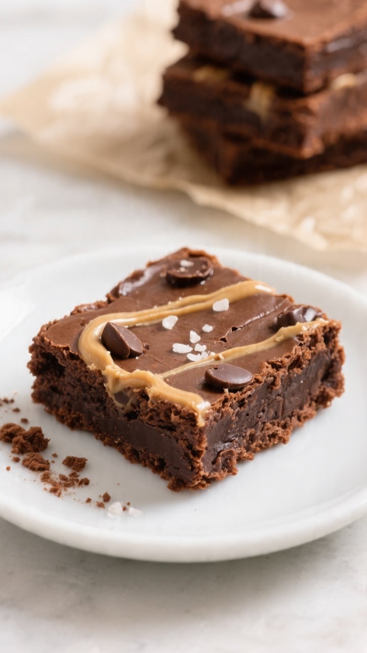 Close-up detail of a single warm brownie square on a small white plate, dense fudgy interior and che