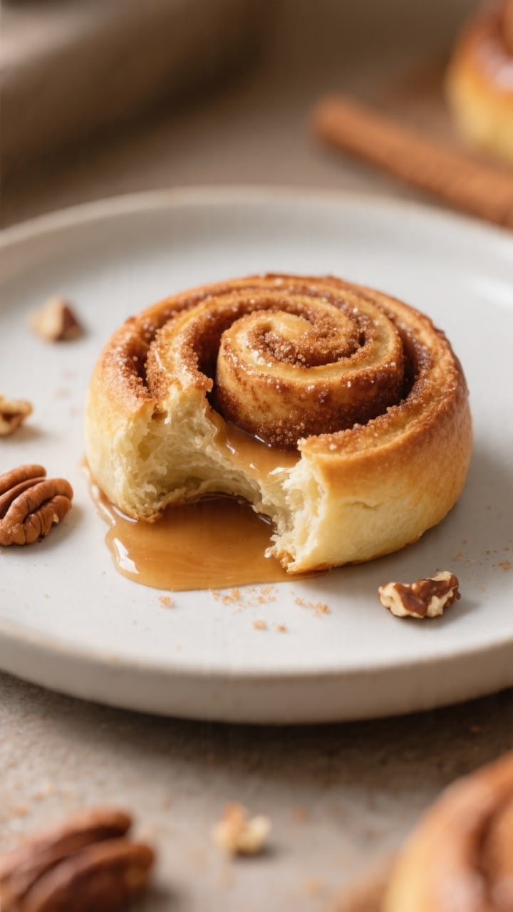 Close-up detail of a single warm cinnamon roll on a small matte white plate, torn open to reveal ult