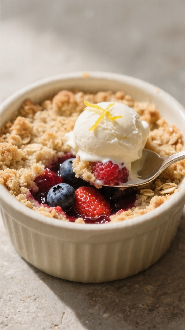 Close-up detail of a single warm mini crumble just after resting, spoon breaking into the crisp oat 