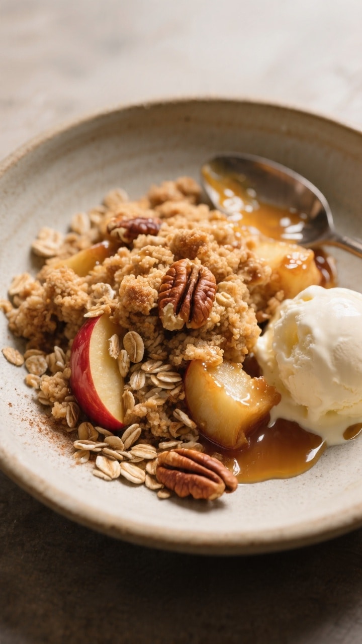 Close-up detail of a single warm serving of apple crumble (oats version) plated in a shallow stonewa