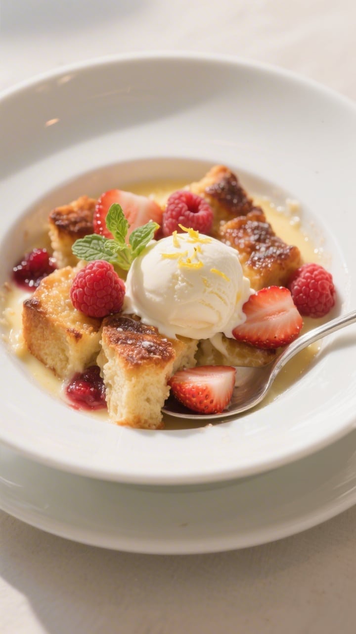 Close-up detail of a single warm serving of Strawberry & Raspberry Summer Bread Pudding in a shallow