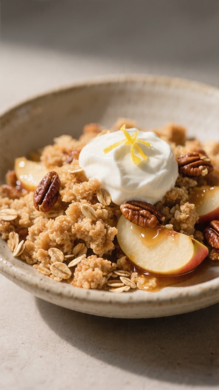 Close-up detail of a single warm serving of the crumble in a shallow stoneware bowl: glistening tend