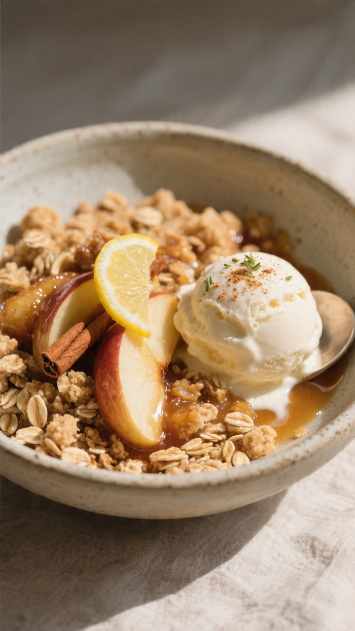 Close-up detail of a single warm serving of Vegan Apple Crumble in a shallow stoneware bowl: jammy, 