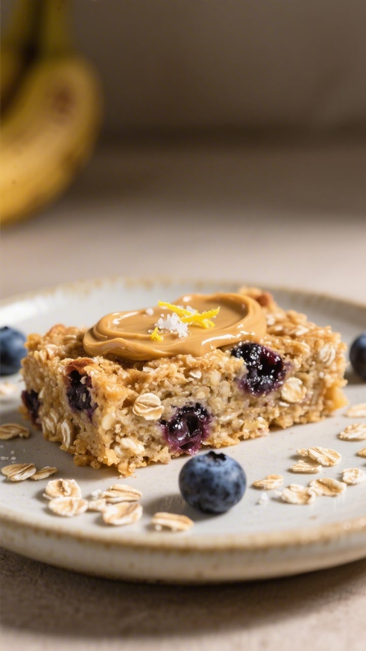 Close-up detail of a sliced banana oat bar on a small ceramic plate, crumb soft and moist with visib