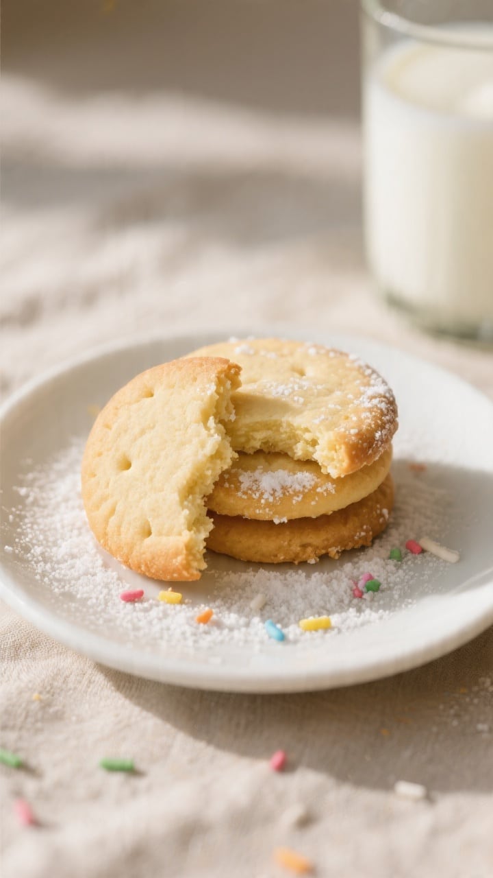 Close-up detail of a small stack of cooled sugar cookies on a simple white plate, one cookie broken 