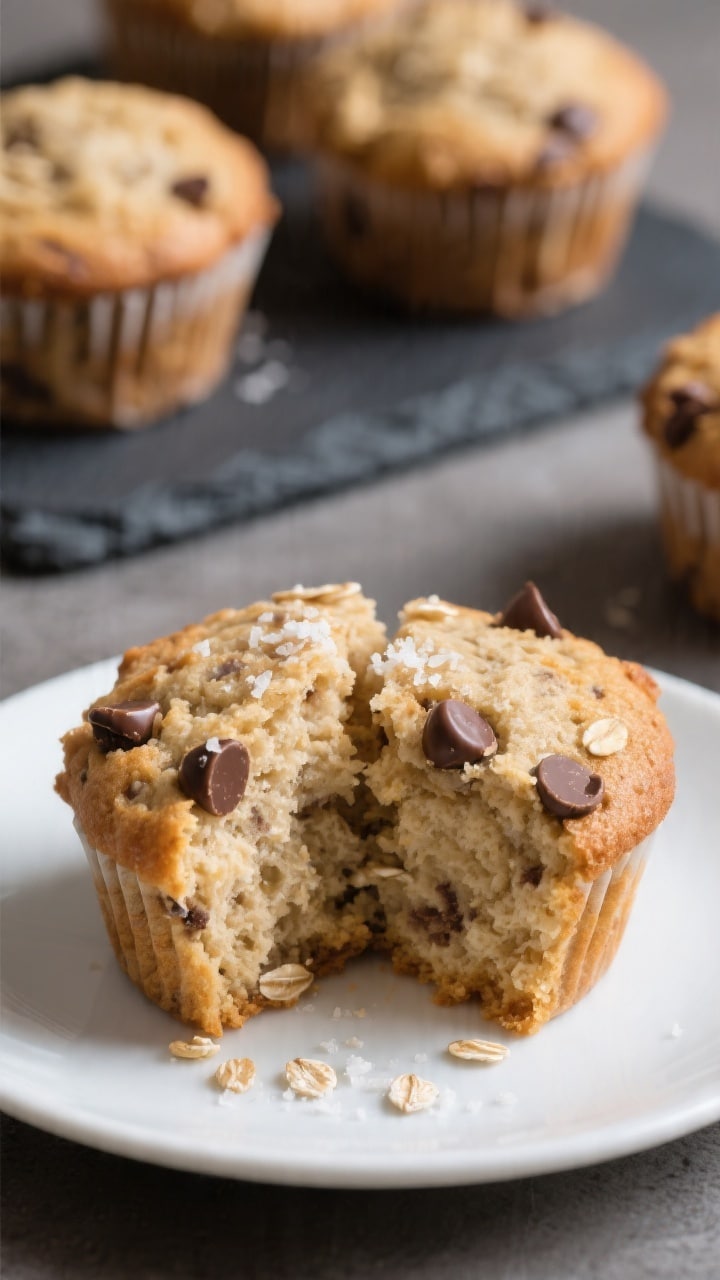 Close-up detail of a split banana muffin on a small white plate, interior crumb in sharp focus showi