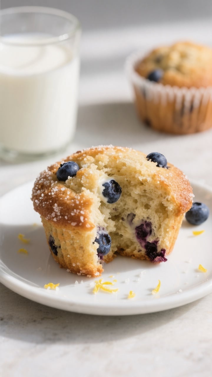 Close-up detail of a split-open blueberry muffin on a small white plate, crumb still warm and tender