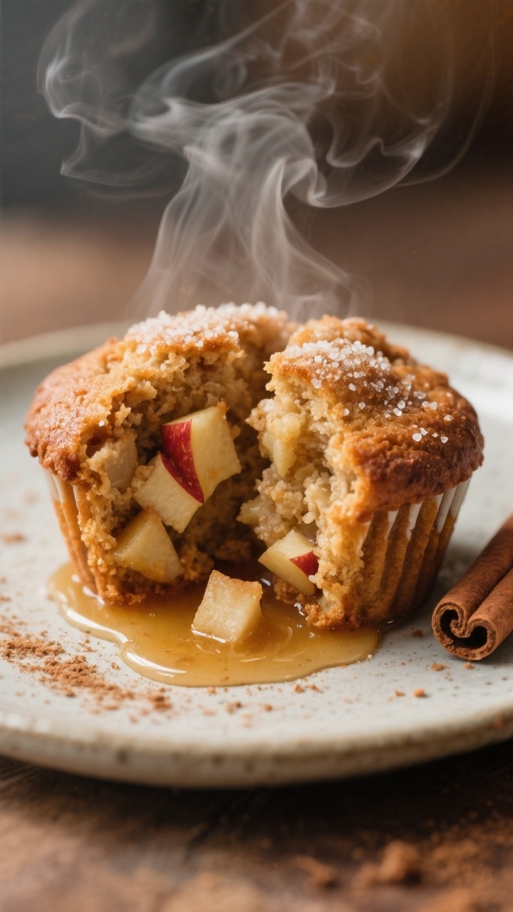 Close-up detail of a split-open cinnamon apple muffin on a small ceramic plate, steam gently rising,