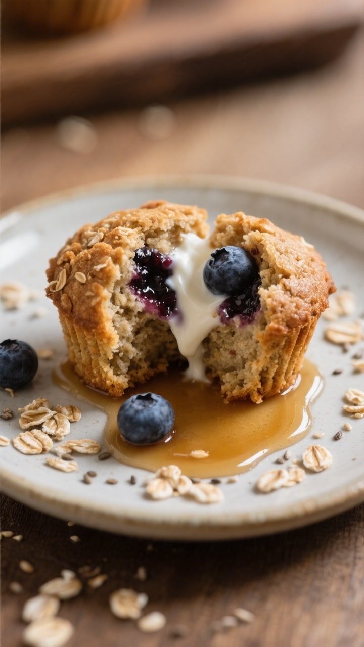 Close-up detail of a split-open Healthy Oat Blueberry Muffin on a small ceramic plate, showing tende