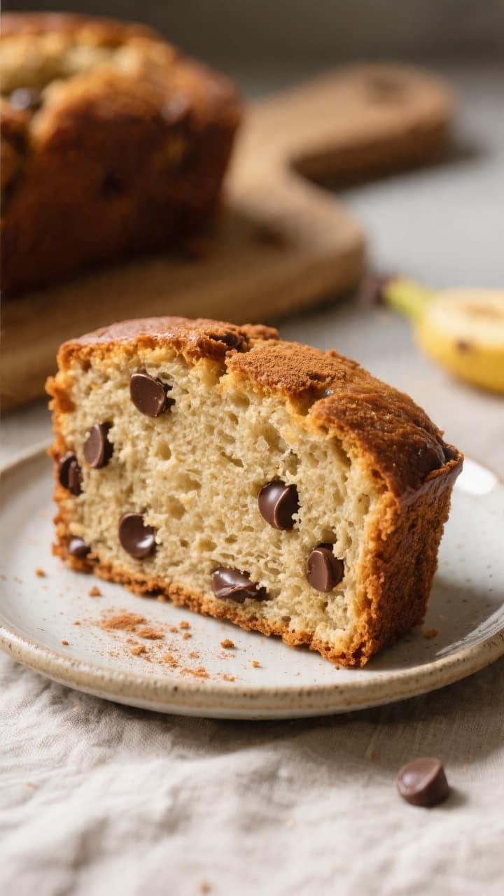 Close-up detail of a thick slice of banana bread on a small ceramic plate, texture-forward: tender, 