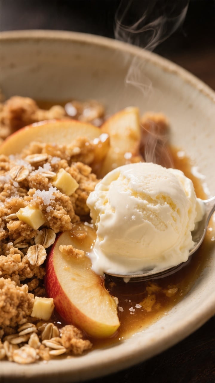Close-up detail of a warm apple-cinnamon crumble scoop in a shallow ceramic bowl, crumble topping sh