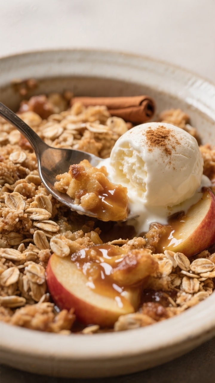 Close-up detail of a warm serving of apple crisp in a shallow ceramic bowl, spoon breaking through t