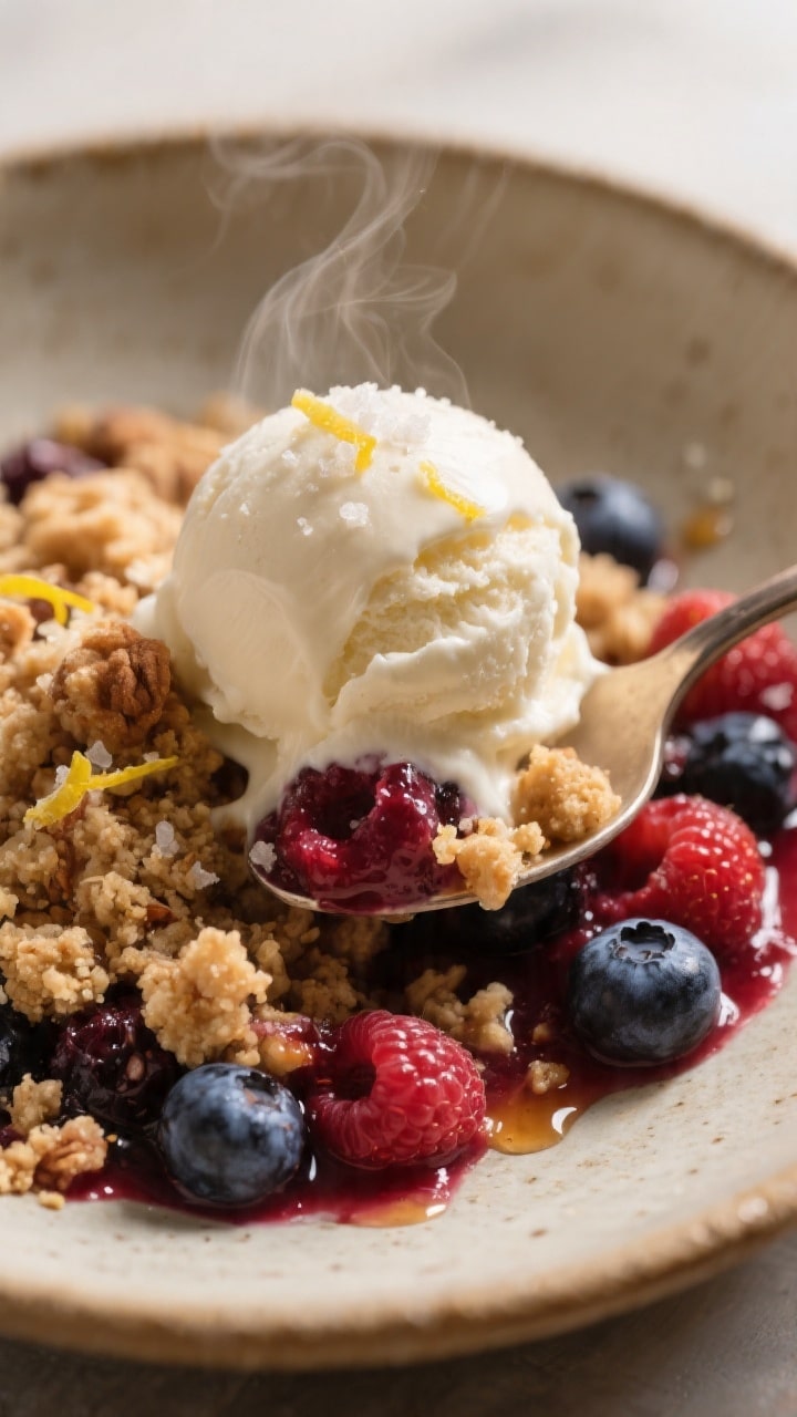 Close-up detail of a warm serving of Gluten Free Berry Crumble spooned into a rustic shallow bowl, t
