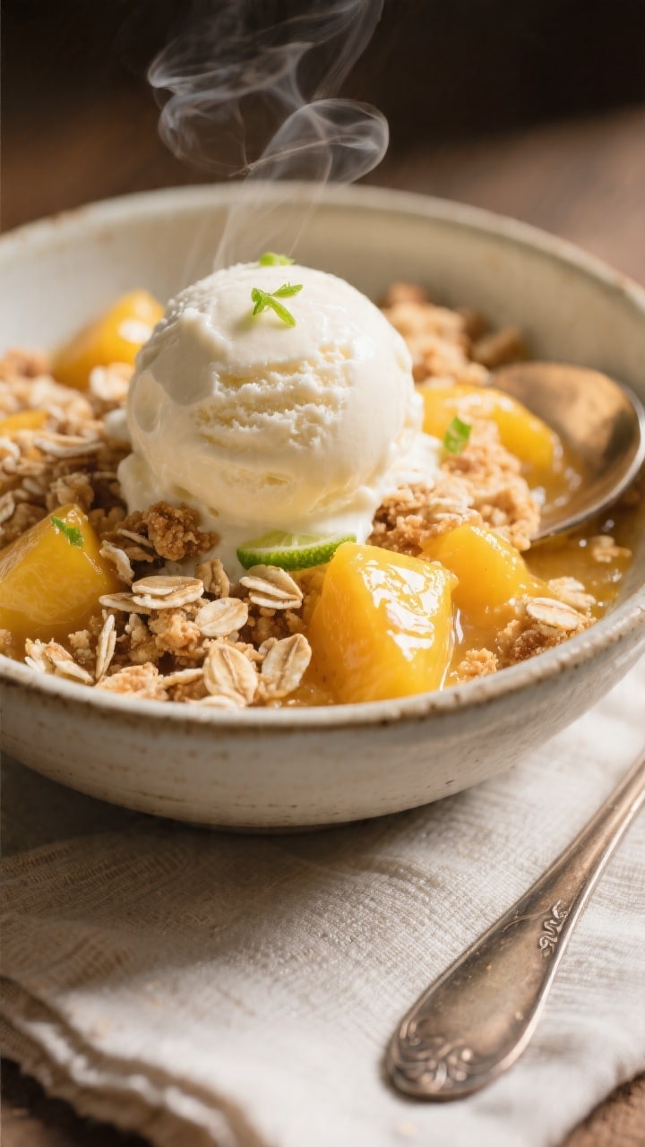 Close-up detail of a warm serving of Mango Coconut Crumble in a shallow ceramic bowl, a generous sco