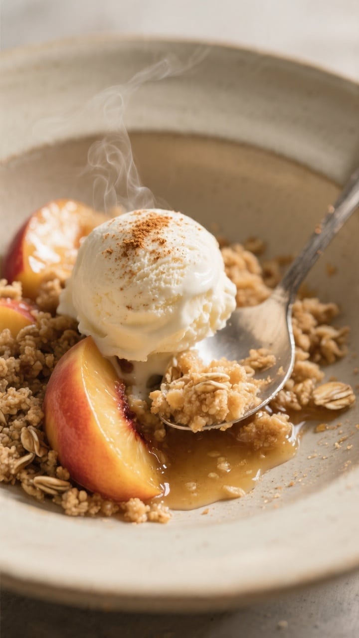 Close-up detail of a warm spooned serving of peach crumble in a shallow ceramic bowl, topped with a 