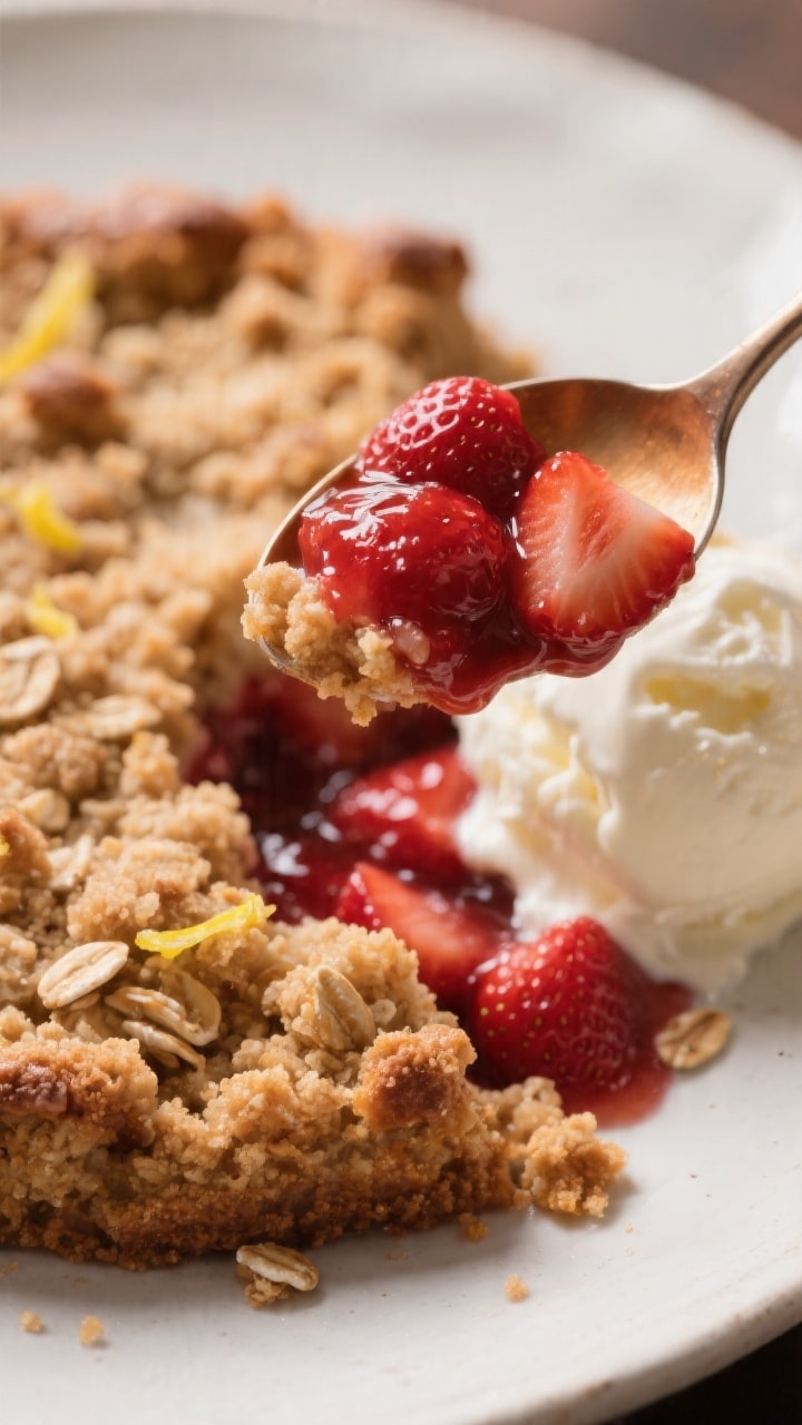 Close-up detail of a warm spoonful being lifted from the baked strawberry crumble, showcasing jammy,