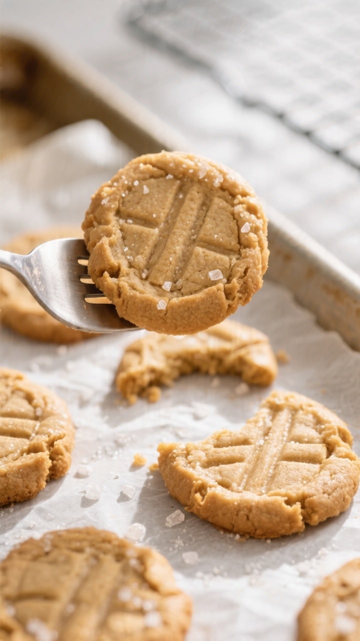 Close-up detail of freshly baked 3-ingredient peanut butter cookies just out of the oven on a parchm