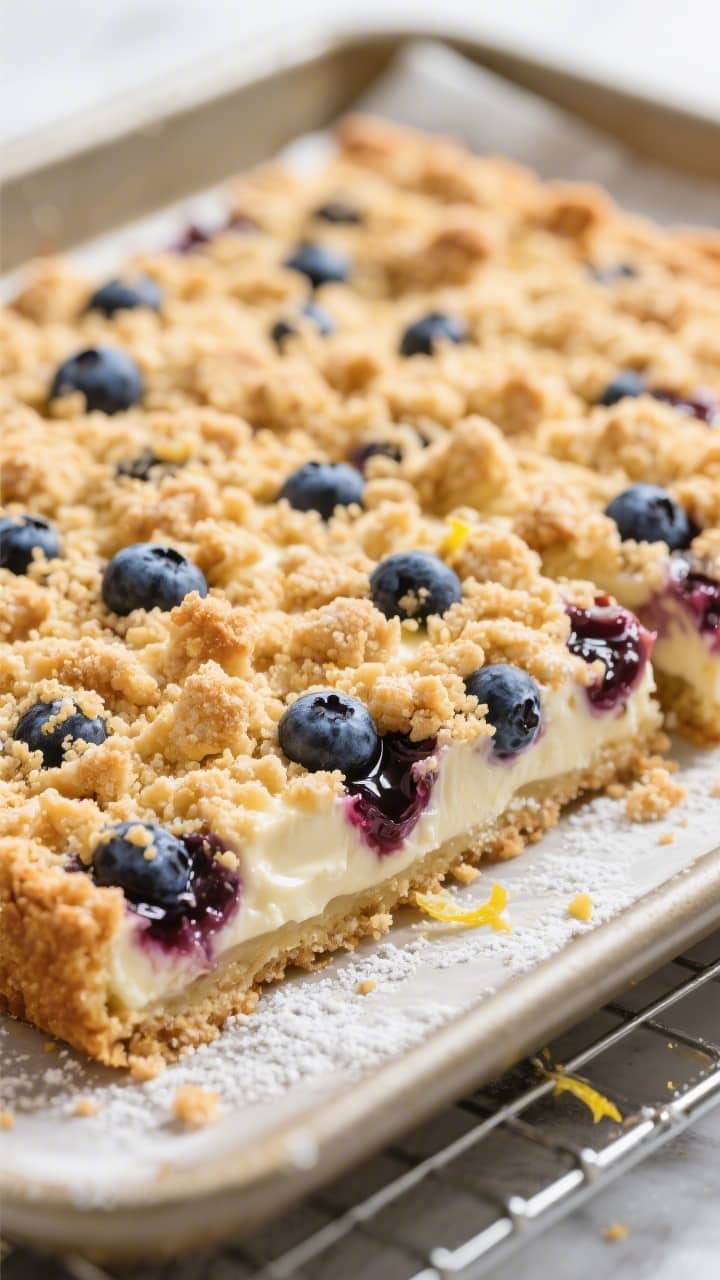 Close-up detail of freshly baked Blueberry Cream Cheese Bars just out of the pan: golden crumble top
