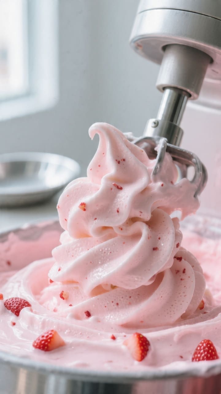 Close-up detail of freshly churned 3-ingredient strawberry ice cream at soft-serve stage, creamy rib