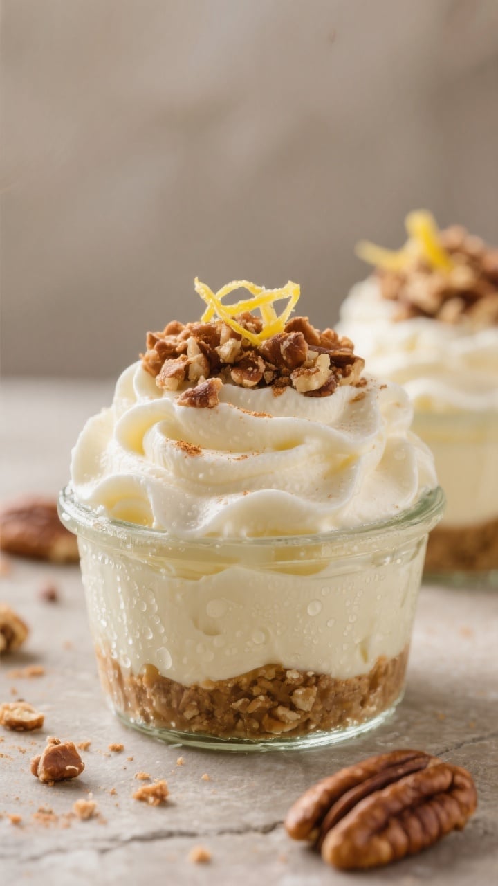 Close-up detail of No-Bake Cheesecake Cups in small glass jars, silky whipped cream cheese filling f