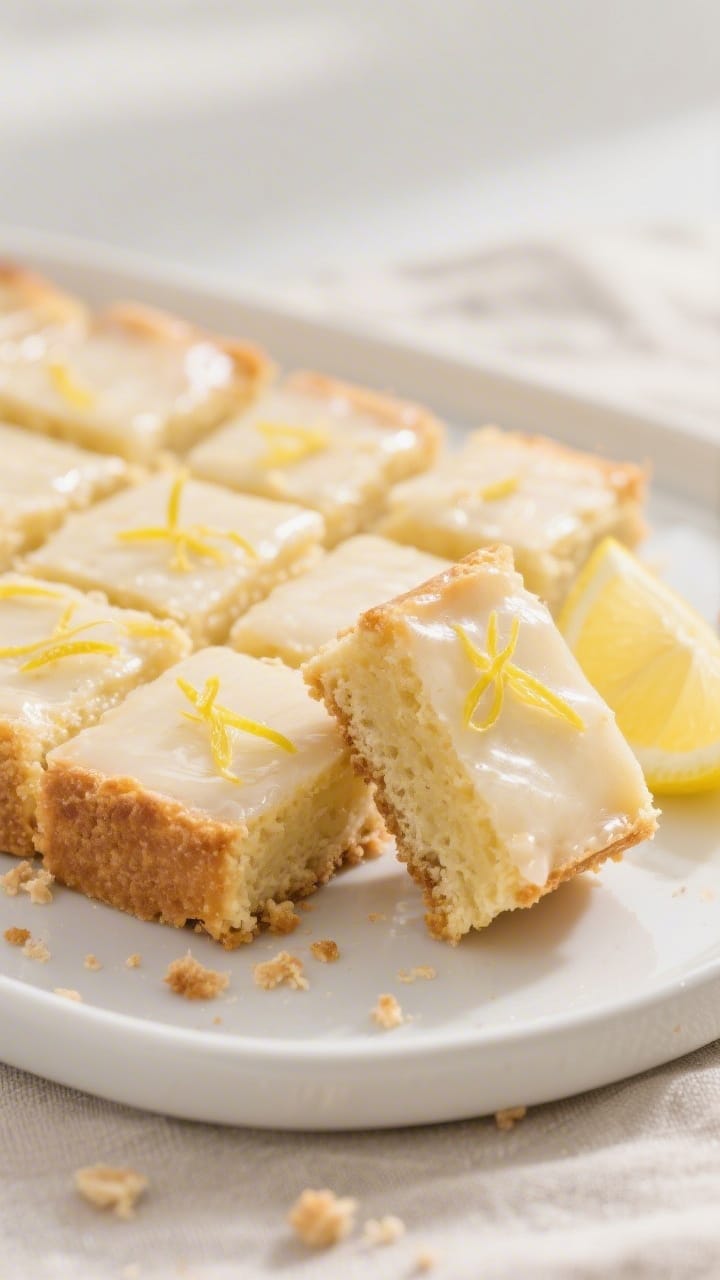 Close-up detail of sliced lemon traybake squares on a matte white platter, each piece showing a tend
