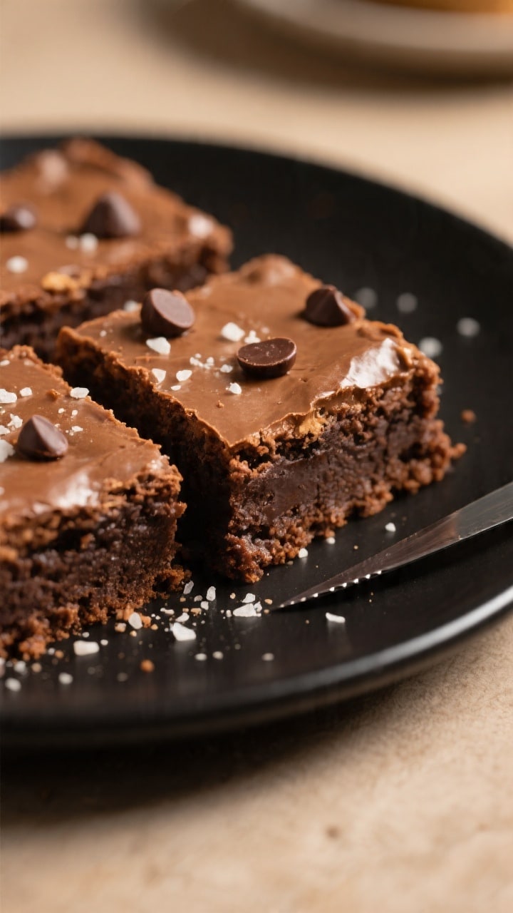 Close-up detail of sliced peanut butter brownies on a matte black plate, ultra-fudgy interior with d