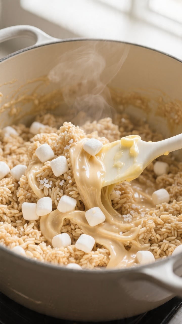 Close-up detail/process: Gooey Rice Krispie mixture being gently folded in a large pot off the heat,