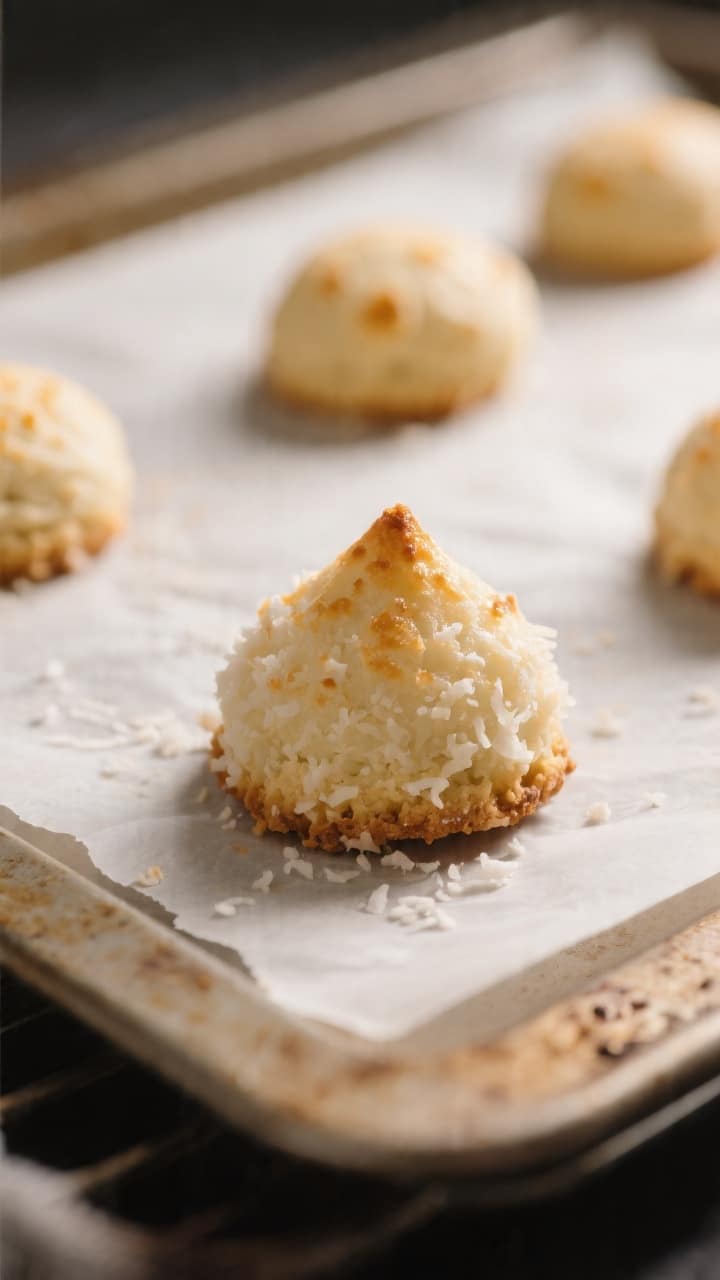 Close-up detail, process-in-action: A small mound of coconut macaroons baking on a parchment-lined s