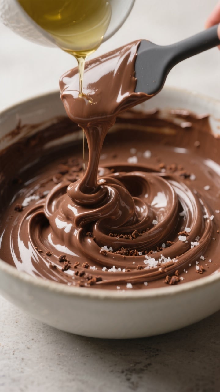 Close-up detail, process shot: A glossy, thick chocolate keto fat bomb batter being streamed with me