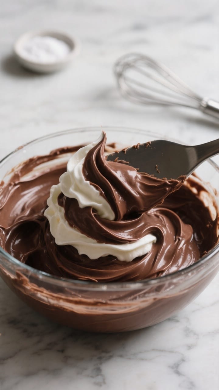 Close-up detail, process shot: Silky keto chocolate mousse mixture being gently folded with a spatul