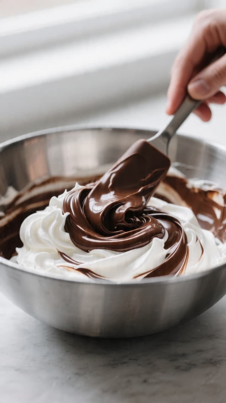 Close-up detail, process shot: Silky melted chocolate being gently folded into softly whipped cream 