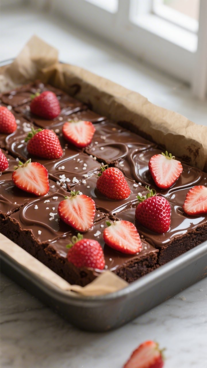 Close-up detail shot: A cooled, fudgy brownie slab in a parchment-lined 9x13 pan with a snug mosaic 