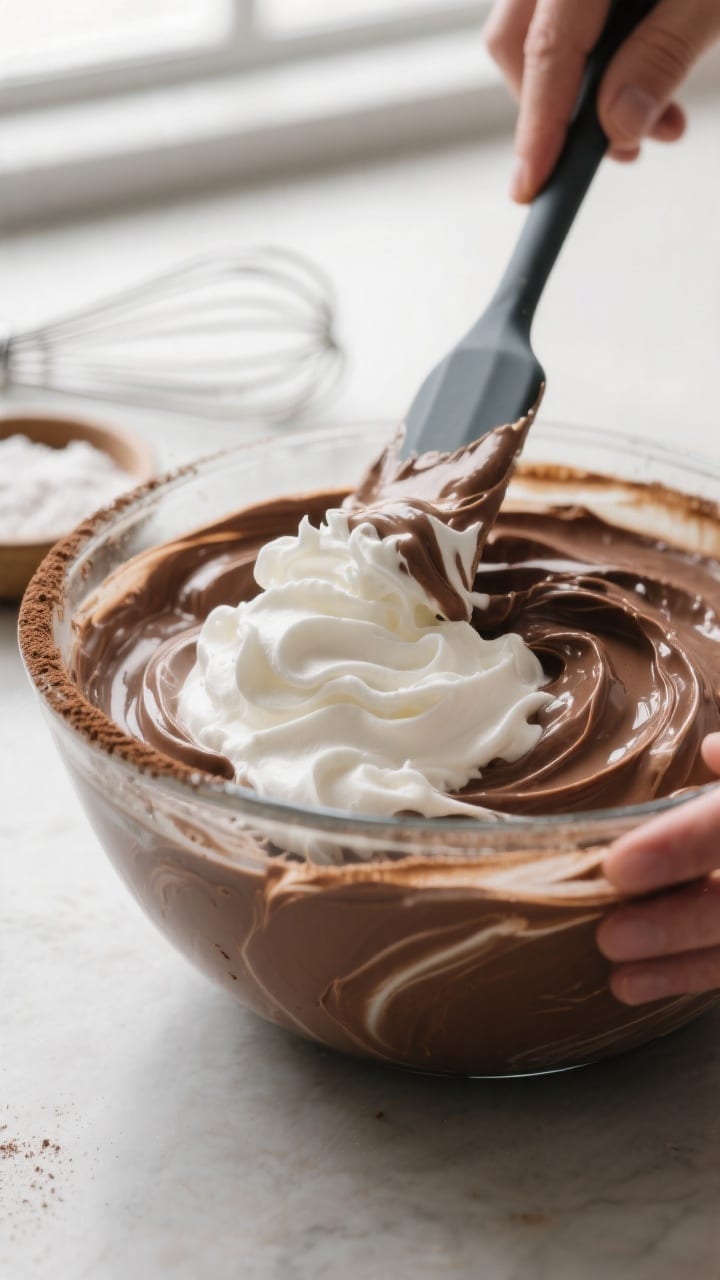 Close-up detail shot: A creamy chocolate peanut butter mousse being gently folded together with a si